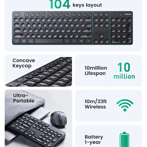 Bàn phím không dây 2.4Ghz dùng cho máy tính laptop chất liệu nhựa ABS màu đen Ugreen 90250