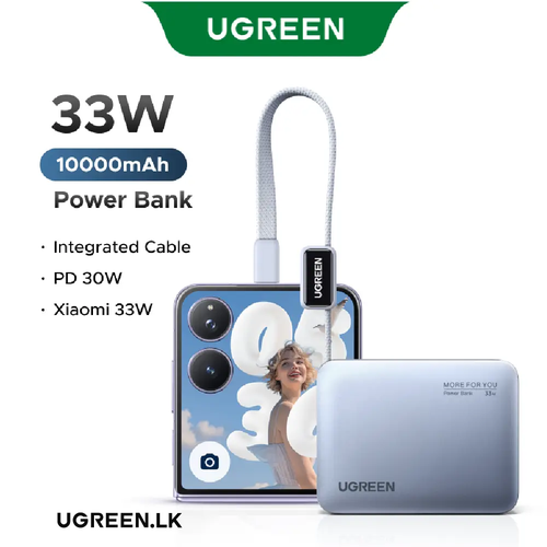 Pin sạc dự phòng dùng cho điện thoại laptop 10000mAh màu xanh 3 cổng đầu ra tích hợp dây 25cm Ugreen 75173B PB584