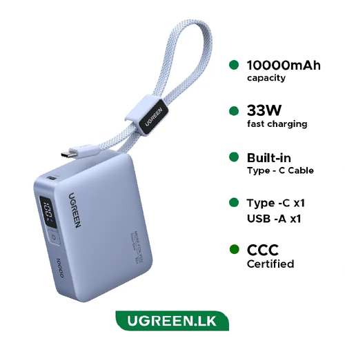 Pin sạc dự phòng dùng cho điện thoại laptop 10000mAh màu xanh 3 cổng đầu ra tích hợp dây 25cm Ugreen 75173B PB584