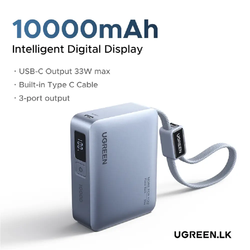 Pin sạc dự phòng dùng cho điện thoại laptop 10000mAh màu xanh 3 cổng đầu ra tích hợp dây 25cm Ugreen 75173B PB584