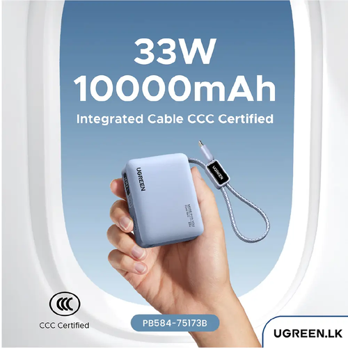 Pin sạc dự phòng dùng cho điện thoại laptop 10000mAh màu xanh 3 cổng đầu ra tích hợp dây 25cm Ugreen 75173B PB584