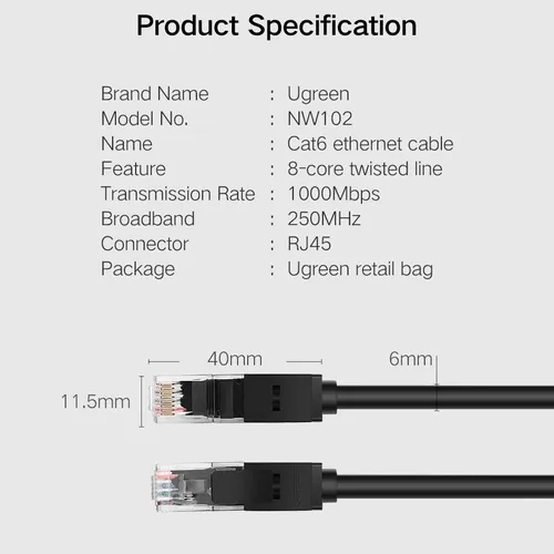 Cáp mạng CAT6 1m (màu đen) cao cấp Ugreen 20159