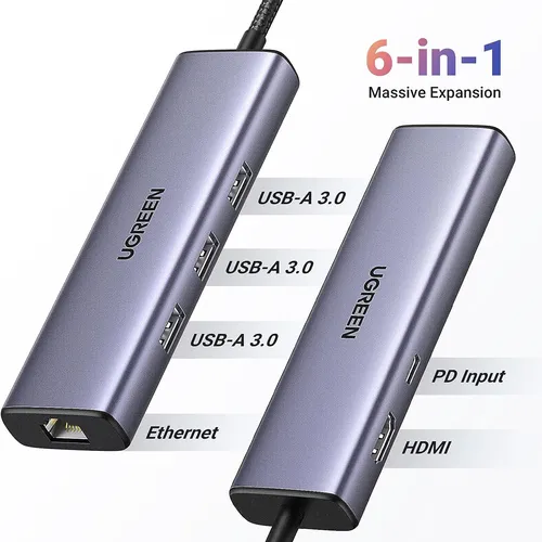 Bộ chuyển Type C sang HDMI 4K@30Hz + USB 3.0 + Lan 1Gbps + Sạc PD 100W Ugreen 15598
