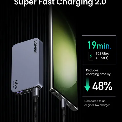 Sạc điện thoại 2 cổng USB-C và 1 USB Nexode Pro hỗ trợ GaN 65W màu ghi xám Ugreen 15817 X753