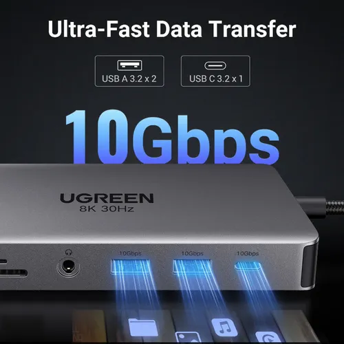 Bộ chuyển đổi USB-C sang 2*USB-A 3.2+1*USB-A 3.0+1*USB-C 3.2+2*HDMI 8K@30Hz+LAN+SD/TF+3.5mm Ugreen 15965