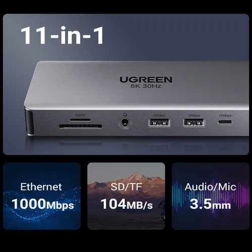 Bộ chuyển đổi USB-C sang 2*USB-A 3.2+1*USB-A 3.0+1*USB-C 3.2+2*HDMI 8K@30Hz+LAN+SD/TF+3.5mm Ugreen 15965