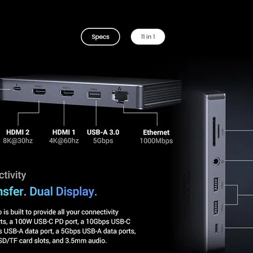 Bộ chuyển đổi USB-C sang 2*USB-A 3.2+1*USB-A 3.0+1*USB-C 3.2+2*HDMI 8K@30Hz+LAN+SD/TF+3.5mm Ugreen 15965