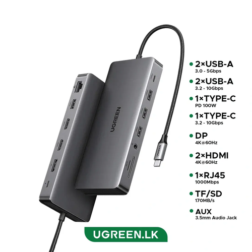 Bộ chuyển đổi USB-C sang USB-C PD+2*USB 3.2+USB-C 3.2+2*USB 3.0+RJ45+2*HDMI+DP+SD/TF+3.5mm  hỗ trợ 4K Ugreen 15978 CM681