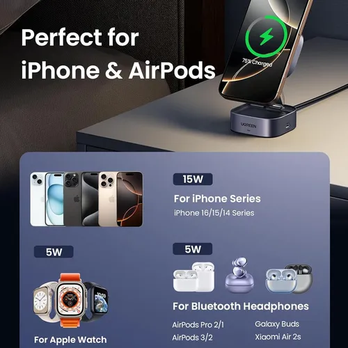 Sạc cho điện thoại tai nghe đồng hồ  Qi 15W  USB-C PD Ugreen 35316 W702