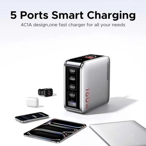 Sạc USB-C 5 cổng  4 USB-C và 1 USB-A công nghệ GaN vỏ nhựa màu xám có màn LCD hiển thị công suất Ugreen 35379 X774