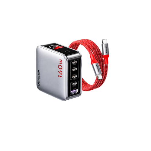 Sạc USB-C 5 cổng  4 USB-C và 1 USB-A công nghệ GaN vỏ nhựa màu xám có màn LCD hiển thị công suất Ugreen 35379 X774