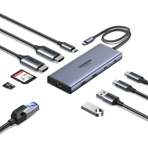 Bộ chuyển đổi USB-C sang USB-C PD+USB-A 3.2+USB-A 3.0+2xUSB-C 3.2+2xHDMI+LAN+SD+TF hỗ trợ 4K Ugreen 45380