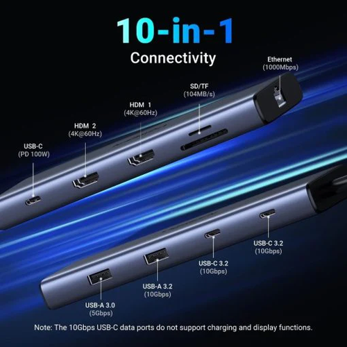 Bộ chuyển đổi USB-C sang USB-C PD+USB-A 3.2+USB-A 3.0+2xUSB-C 3.2+2xHDMI+LAN+SD+TF hỗ trợ 4K Ugreen 45380