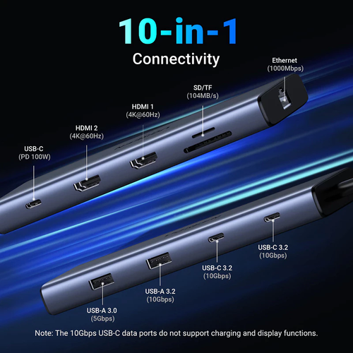 Bộ chuyển đổi USB-C sang USB-C PD+USB-A 3.2+USB-A 3.0+2xUSB-C 3.2+2xHDMI+LAN+SD+TF hỗ trợ 4K Ugreen 45380