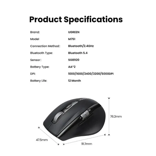 Chuột không dây 2.4Ghz+Bluetooth dùng cho máy tính + laptop + chất liệu nhựa ABS Ugreen 45792 M751