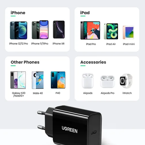 Sạc điện thoại cổng USB-C trợ PD 20W màu đen cáp Type-C to lightning Ugreen 50799