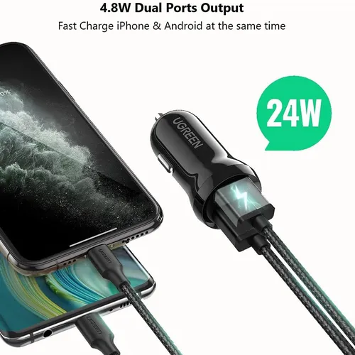 Sạc điện thoại 2 cổng 24W dùng trên ô tô màu đen Ugreen 50875 ED018