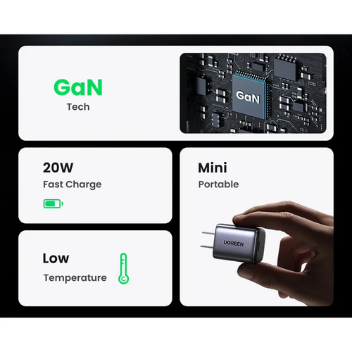 Sạc USB-C 1 cổng PD 20W công nghệ GaN màu đen Ugreen 55527 X512