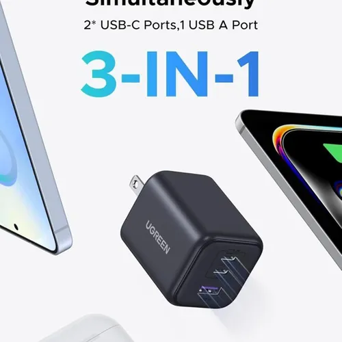 Sạc điện thoại 3 cổng USB-C và USB-A GaN 45W màu đen chân US Ugreen 65155B X527