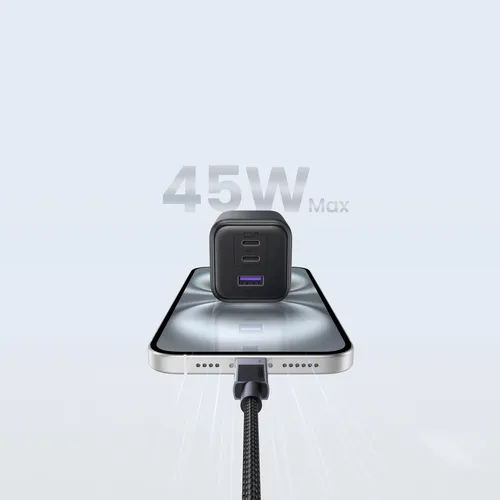 Sạc điện thoại 3 cổng USB-C và USB-A GaN 45W màu đen chân US Ugreen 65155B X527