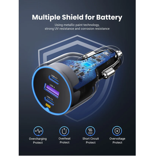 Sạc USB 3 cổng cho ô tô QC 3.0 và Type-C màu ghi xám Ugreen 35024 EC703