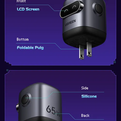 Sạc điện thoại 3 cổng USB-C và USB-A GaN 65W màu đen xám tạo hình robot Ugreen 45001 X662