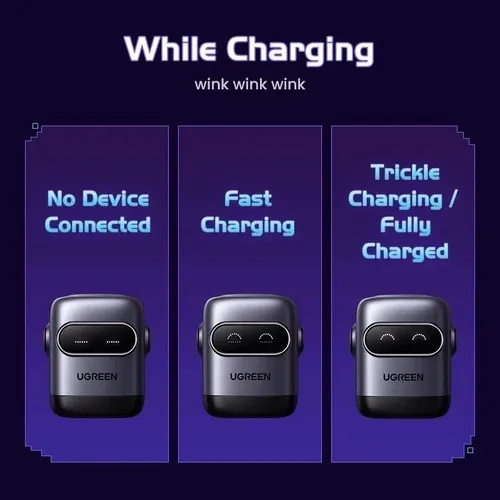 Sạc điện thoại 3 cổng USB-C và USB-A GaN 65W màu đen xám tạo hình robot Ugreen 45001 X662