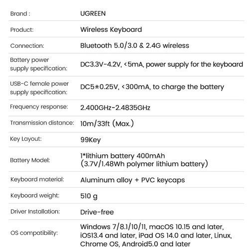 Wireless Ultra Slim Wireless & Bluetooth Keyboard Ugreen 15258