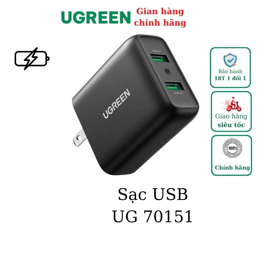 Củ sạc nhanh 36W 2 cổng USB  3.0 18W Ugreen 70151
