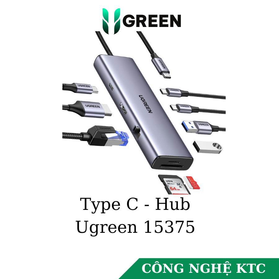 Bộ chuyển Type-C to HDMI + Lan + USB 3.0 + SD/TF + PD Type-C 100W + Type C data Ugreen 15375