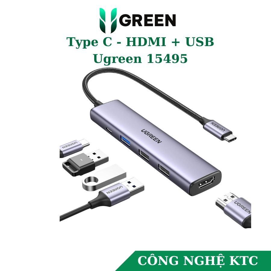 Bộ chuyển Type C to 2 x USB-A 2.0 + 1x USB-A 3.0 + HDMI + PD  4K@30Hz Ugreen 15495
