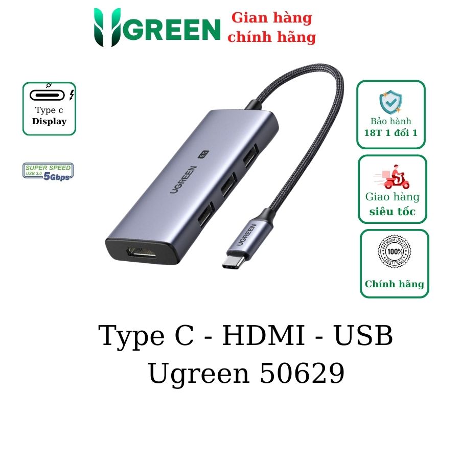 Bộ chuyển Type C to HDMI chuẩn 2.1 8K + 3 x  USB 3.0 Ugreen 50629