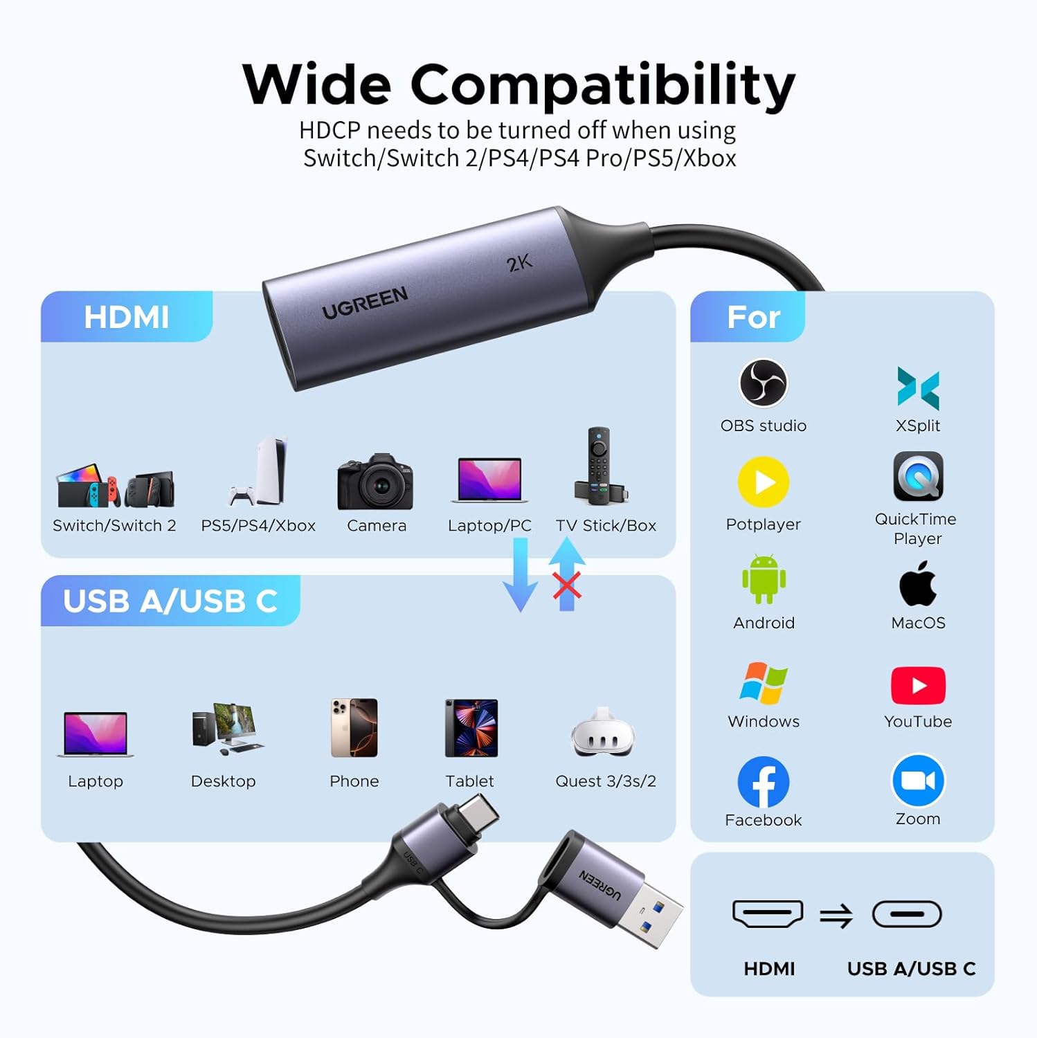 Thiết bị ghi hình HDMI to Type C / USB 3.0 2K@30Hz Ugreen 25854 CM629 Thiết bị ghi hình HDMI to Type C / USB 3.0 2K@30Hz Ugreen 25854 CM629