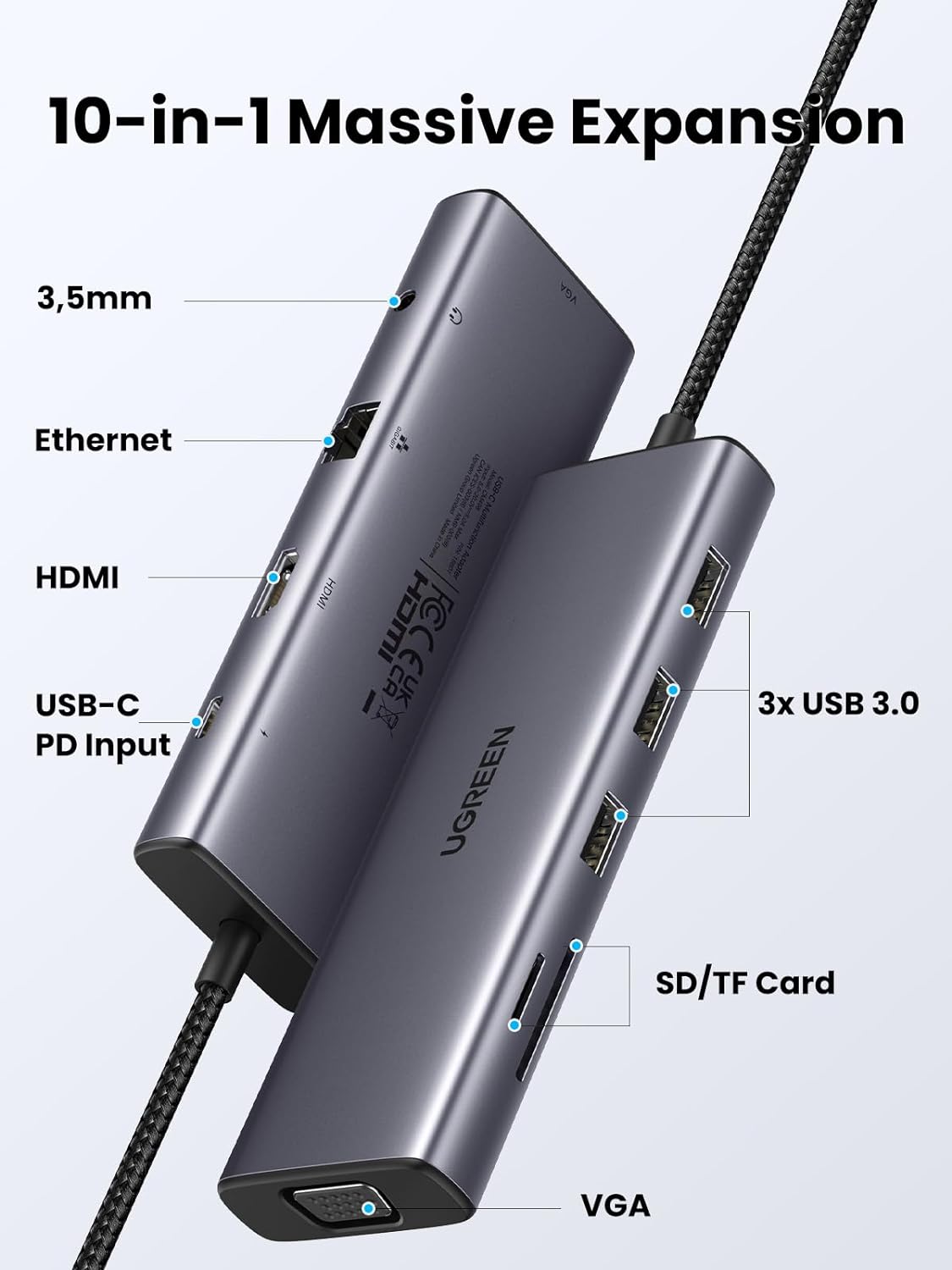 Bộ chuyển Type C to HDMI + VGA+ USB 3.0 + LAN 1Gbps + Card Reader + 3.5mm Ugreen 15601 CM498 Bộ chuyển Type C to HDMI + VGA+ USB 3.0 + LAN 1Gbps + Card Reader + 3.5mm Ugreen 15601 CM498