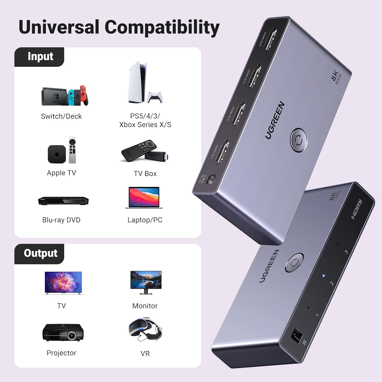 Bộ gộp HDMI chuẩn 2.1 3 vào 1 ra hỗ trợ 8K 60Hz Ugreen 15604 Bộ gộp HDMI chuẩn 2.1 3 vào 1 ra hỗ trợ 8K 60Hz Ugreen 15604