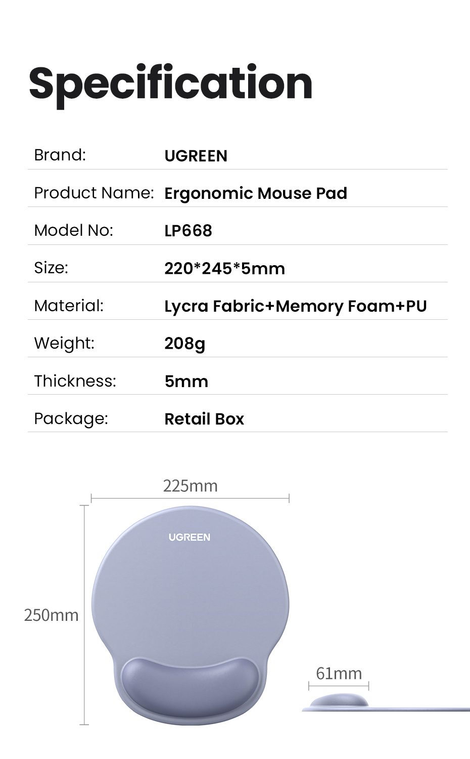 Tấm lót chuột chất liệu cao su (không xốp) màu xám Ugreen 25244 Tấm lót chuột chất liệu cao su (không xốp) màu xám Ugreen 25244