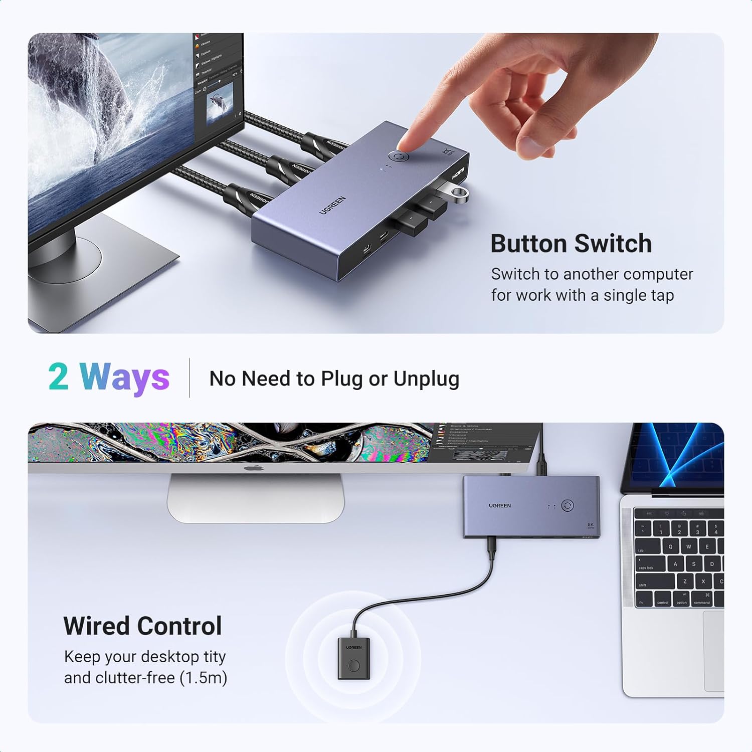 Bộ gộp HDMI 2 vào 1 ra màu đen hỗ trợ KVM 8K Ugreen 25961 Bộ gộp HDMI 2 vào 1 ra màu đen hỗ trợ KVM 8K Ugreen 25961