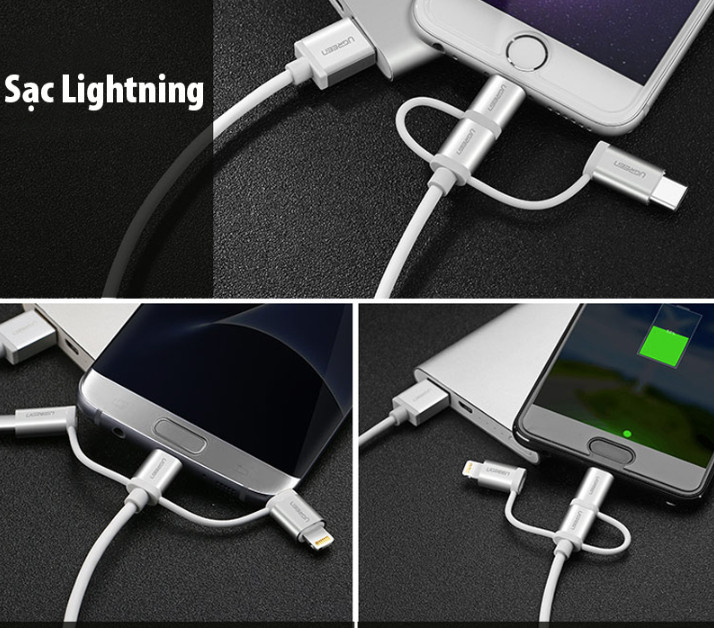 Cáp sạc Type-C+ Lightning + Micro USB 3 trong 1 dài 1.5m Ugreen 50203 Cáp sạc Type-C+ Lightning + Micro USB 3 trong 1 dài 1.5m Ugreen 50203