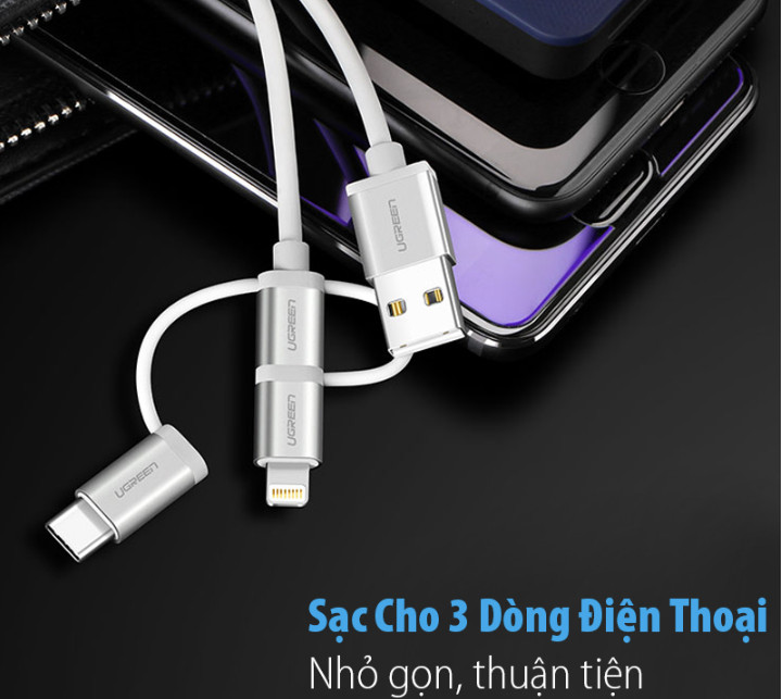 Cáp sạc Type-C+ Lightning + Micro USB 3 trong 1 dài 1.5m Ugreen 50203 Cáp sạc Type-C+ Lightning + Micro USB 3 trong 1 dài 1.5m Ugreen 50203