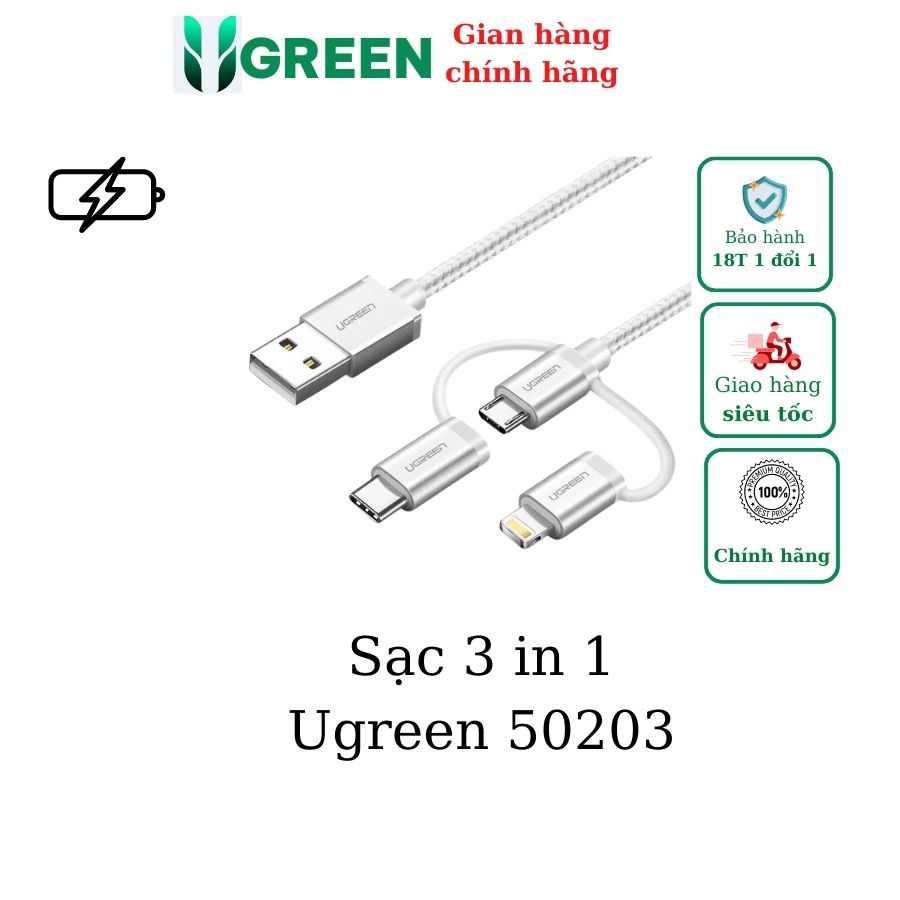 Cáp sạc Type-C+ Lightning + Micro USB dài  Ugreen 50203