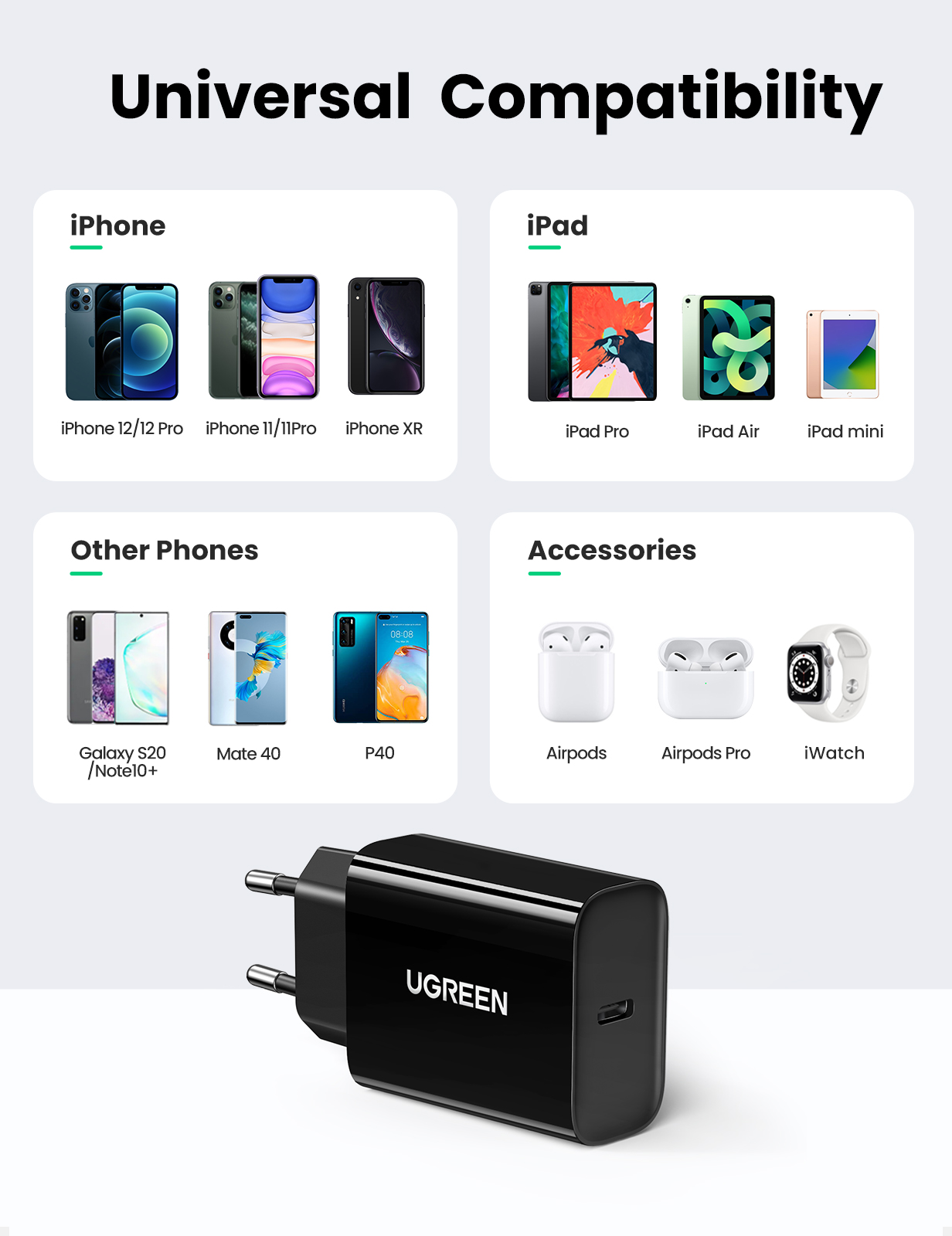 Sạc điện thoại cổng USB-C trợ PD 20W màu đen cáp Type-C to lightning chân EU Ugreen 50799 Sạc điện thoại cổng USB-C trợ PD 20W màu đen cáp Type-C to lightning chân EU Ugreen 50799