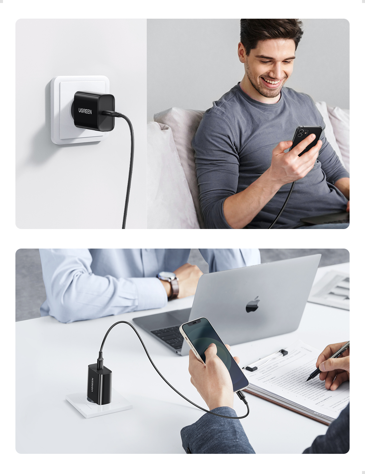 Sạc điện thoại cổng USB-C trợ PD 20W màu đen cáp Type-C to lightning chân EU Ugreen 50799 Sạc điện thoại cổng USB-C trợ PD 20W màu đen cáp Type-C to lightning chân EU Ugreen 50799