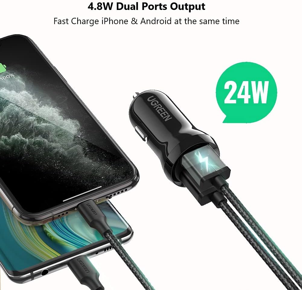 Sạc điện thoại 2 cổng 24W dùng trên ô tô màu đen Ugreen 50875 ED018 Sạc điện thoại 2 cổng 24W dùng trên ô tô màu đen Ugreen 50875 ED018