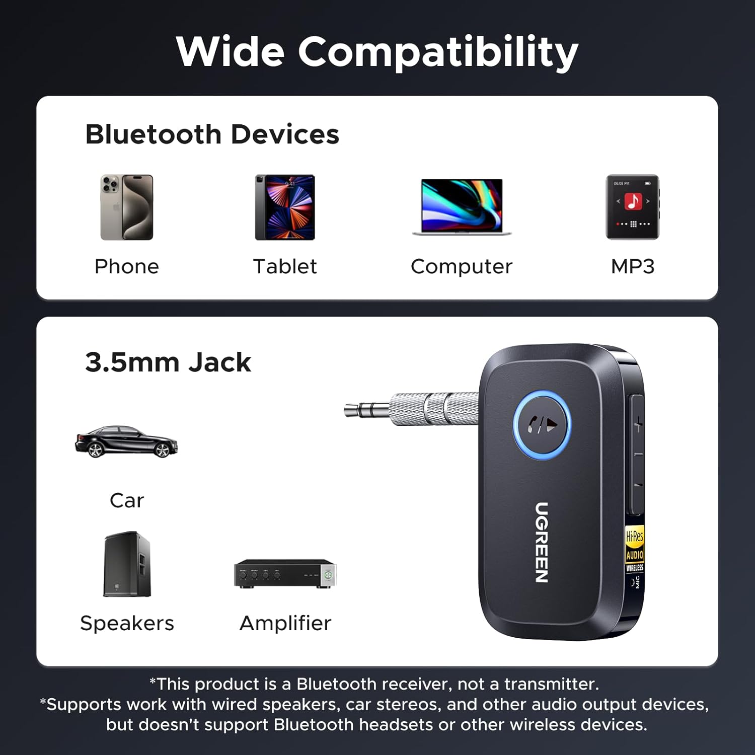 Thiết bị nhận Bluetooth 6.0 công suất Bluetooth hỗ trợ Hi-Res LDAC đầu ra 3.5mm Ugreen 55546 Thiết bị nhận Bluetooth 6.0 công suất Bluetooth hỗ trợ Hi-Res LDAC đầu ra 3.5mm Ugreen 55546