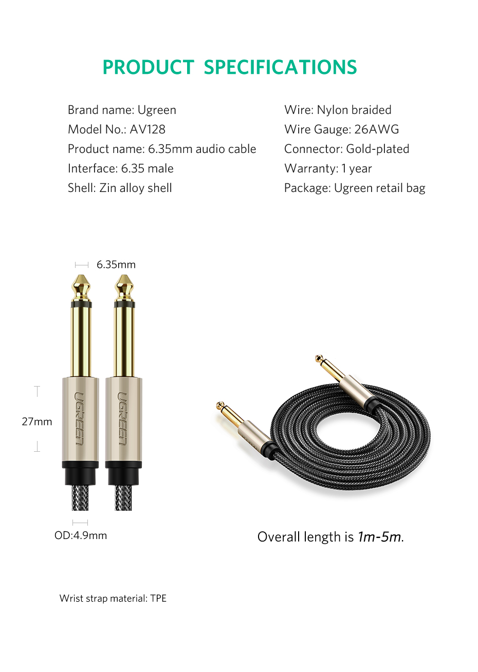 Cáp âm thanh 6.5mm dài 1M Ugreen 10636 AV128 Cáp âm thanh 6.5mm dài 1M Ugreen 10636 AV128