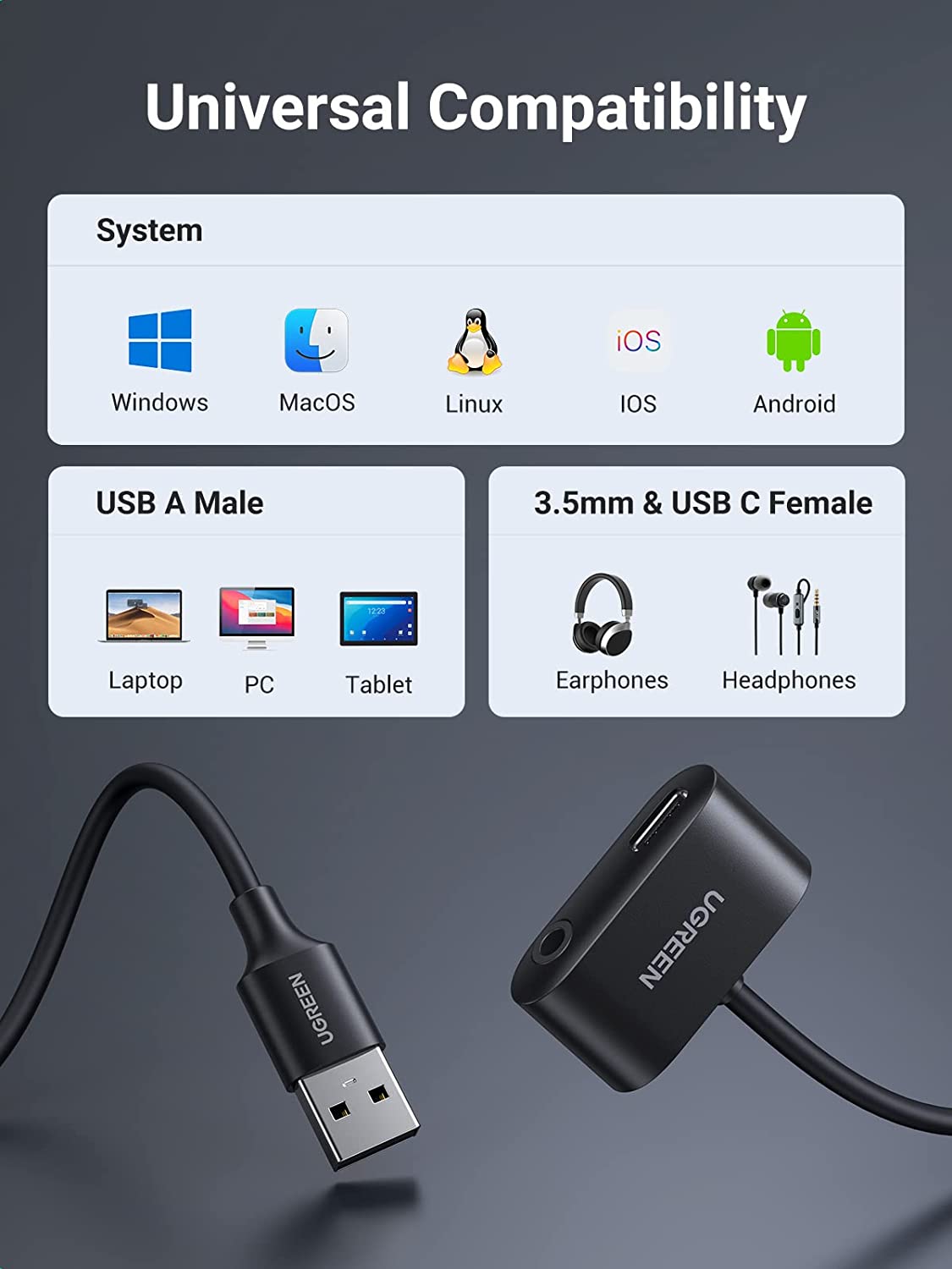 Cáp chuyển USB sang 3.5mm và USB C Ugreen 80897 Cáp chuyển USB sang 3.5mm và USB C Ugreen 80897