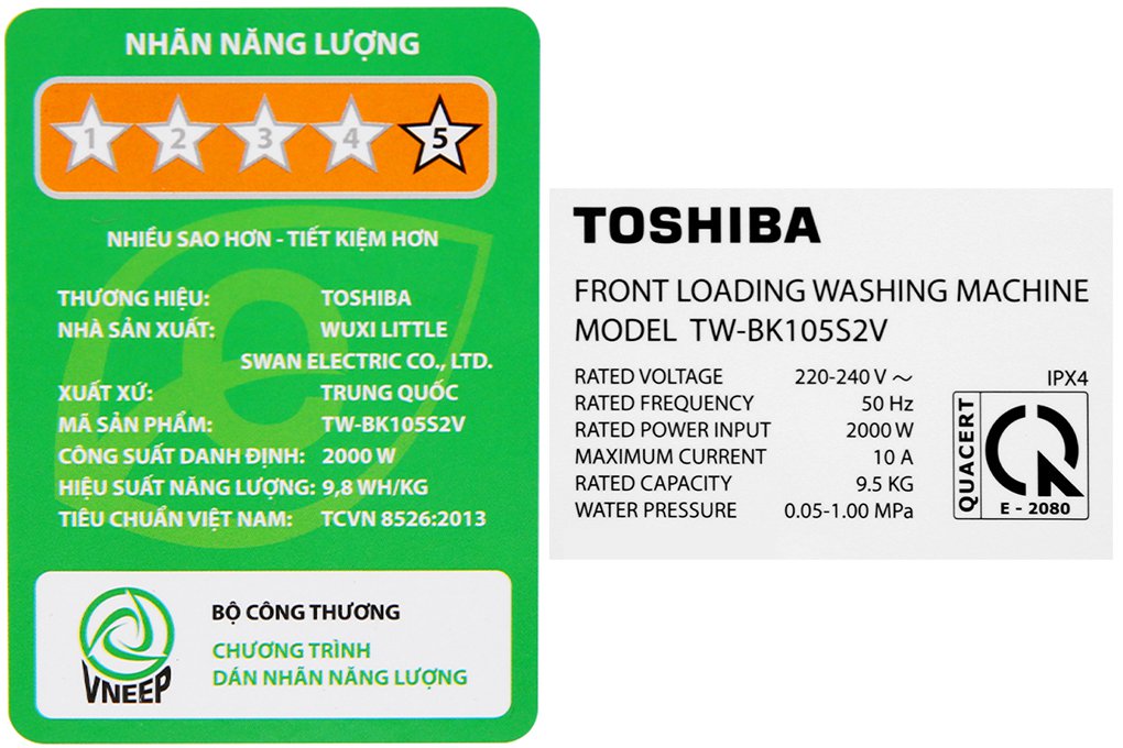 Máy giặt Toshiba Inverter 9.5 Kg TW-BK105S2V(WS) - Hàng chính hãng
