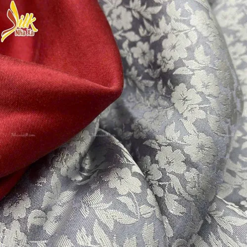Vải áo dài tơ tằm Nha xá hoa cúc đỏ