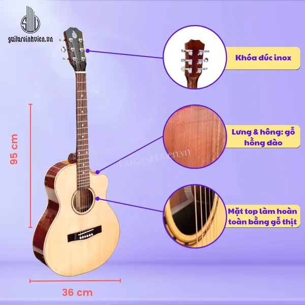 Đàn Guitar Mini Acoustic Size 3/4 Gỗ Hồng Đào Mã A2MIN