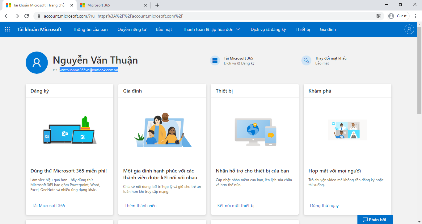 Giao diện trang quản lý tài khoản microsoft